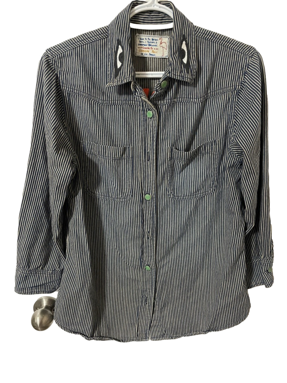Anthropologie Sandrine Rose Navy Striped & Embroidered Shirt Size Small